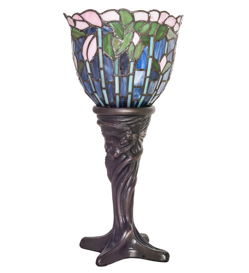 Meyda Lighting Tiffany Flowering Lotus 15" Mahogany Bronze Mini Table Lamp With Multi-Colored Stained Shade Glass