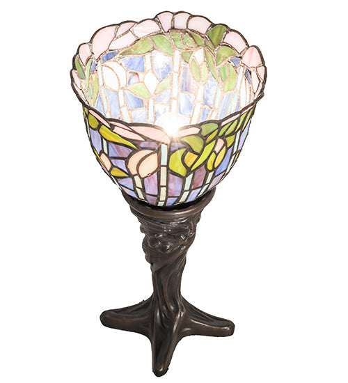 Meyda Lighting Tiffany Flowering Lotus 15" Mahogany Bronze Mini Table Lamp With Multi-Colored Stained Shade Glass