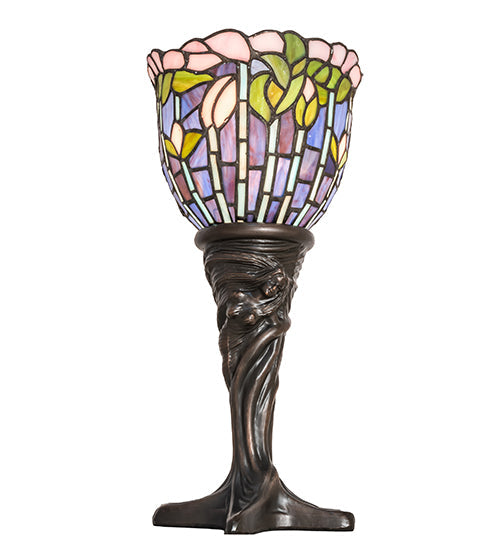Meyda Lighting Tiffany Flowering Lotus 15" Mahogany Bronze Mini Table Lamp With Multi-Colored Stained Shade Glass