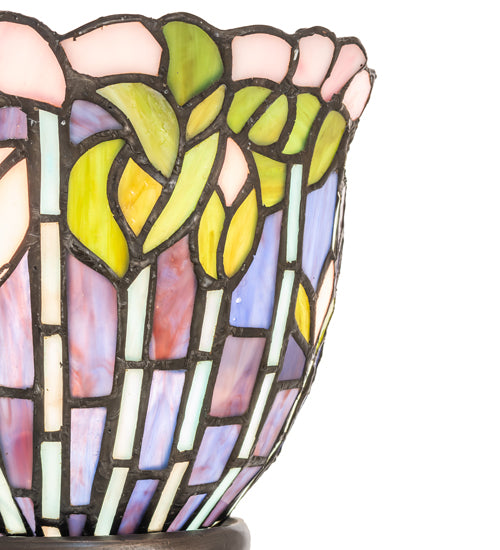Meyda Lighting Tiffany Flowering Lotus 15" Mahogany Bronze Mini Table Lamp With Multi-Colored Stained Shade Glass