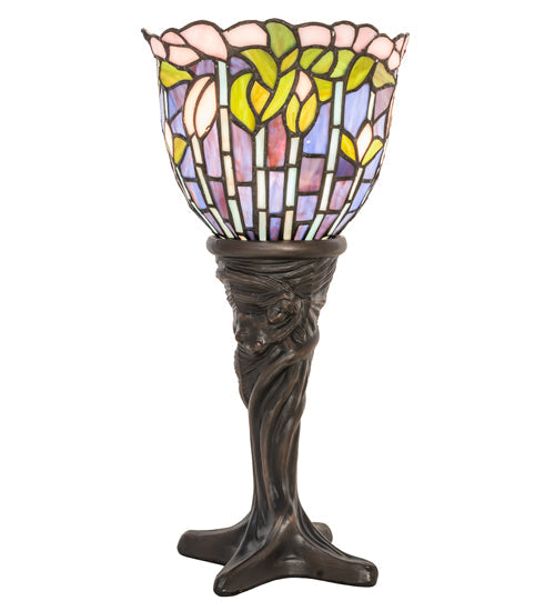 Meyda Lighting Tiffany Flowering Lotus 15" Mahogany Bronze Mini Table Lamp With Multi-Colored Stained Shade Glass
