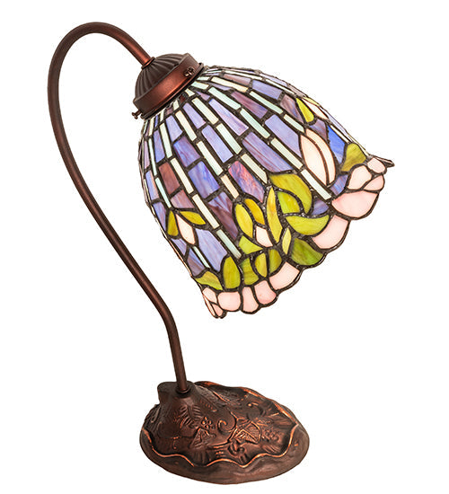 Meyda Lighting Tiffany Flowering Lotus 18" Mahogany Bronze Desk Table Lamp With Multi-Colored Stained Shade Glass