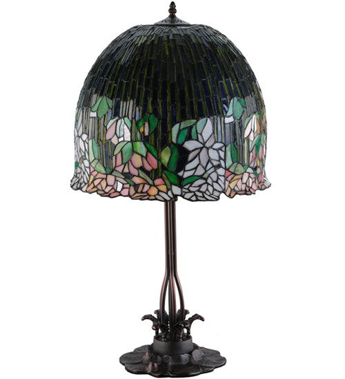 Meyda Lighting Tiffany Flowering Lotus 32" 3-Light Mahogany Bronze Table Lamp With Multi-Colored Shade Glass