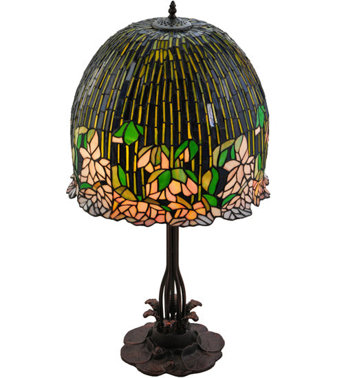 Meyda Lighting Tiffany Flowering Lotus 32" 3-Light Mahogany Bronze Table Lamp With Multi-Colored Shade Glass
