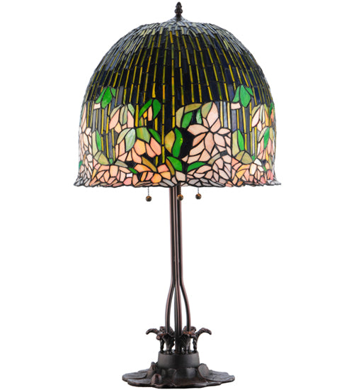 Meyda Lighting Tiffany Flowering Lotus 32" 3-Light Mahogany Bronze Table Lamp With Multi-Colored Shade Glass