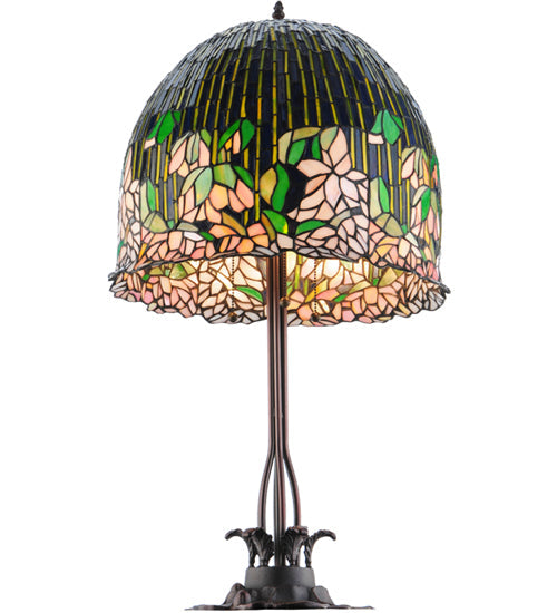 Meyda Lighting Tiffany Flowering Lotus 32" 3-Light Mahogany Bronze Table Lamp With Multi-Colored Shade Glass