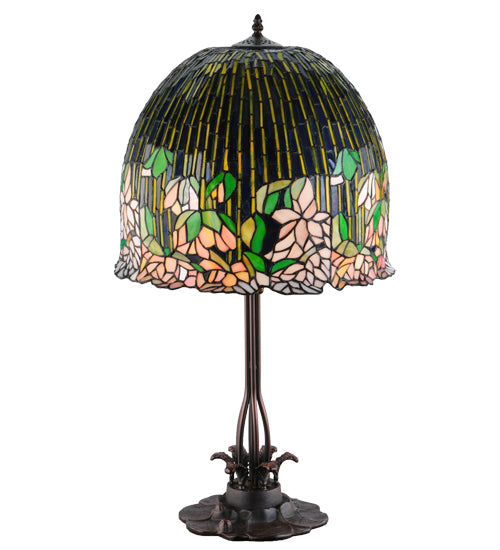 Meyda Lighting Tiffany Flowering Lotus 32" 3-Light Mahogany Bronze Table Lamp With Multi-Colored Shade Glass
