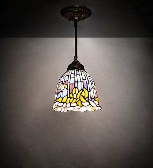 Meyda Lighting Tiffany Flowering Lotus 8" Mahogany Bronze Mini Pendant Light With Multi-Colored Stained Shade Glass