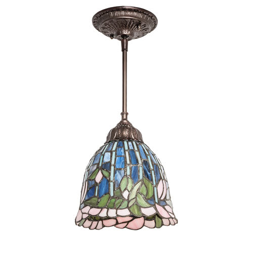 Meyda Lighting Tiffany Flowering Lotus 8" Mahogany Bronze Mini Pendant Light With Multi-Colored Stained Shade Glass