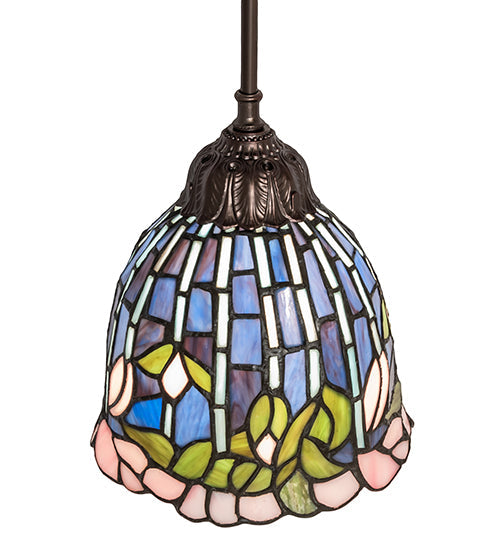Meyda Lighting Tiffany Flowering Lotus 8" Mahogany Bronze Mini Pendant Light With Multi-Colored Stained Shade Glass