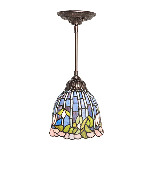 Meyda Lighting Tiffany Flowering Lotus 8" Mahogany Bronze Mini Pendant Light With Multi-Colored Stained Shade Glass