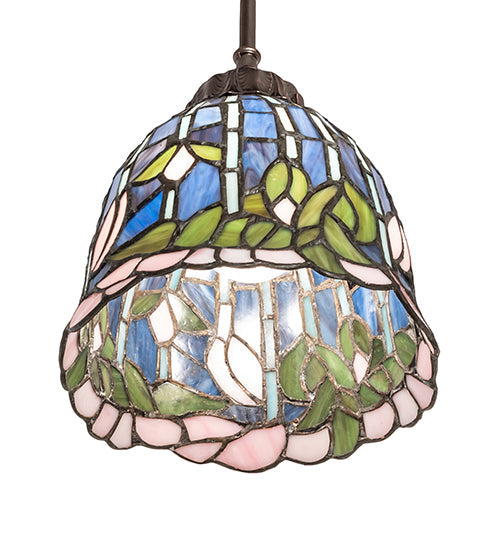 Meyda Lighting Tiffany Flowering Lotus 8" Mahogany Bronze Mini Pendant Light With Multi-Colored Stained Shade Glass