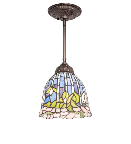 Meyda Lighting Tiffany Flowering Lotus 8" Mahogany Bronze Mini Pendant Light With Multi-Colored Stained Shade Glass