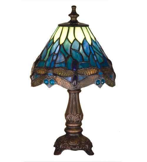 Meyda Lighting Tiffany Hanginghead Dragonfly 12" Mahogany Bronze Mini Table Lamp With Green & Blue Shade Glass