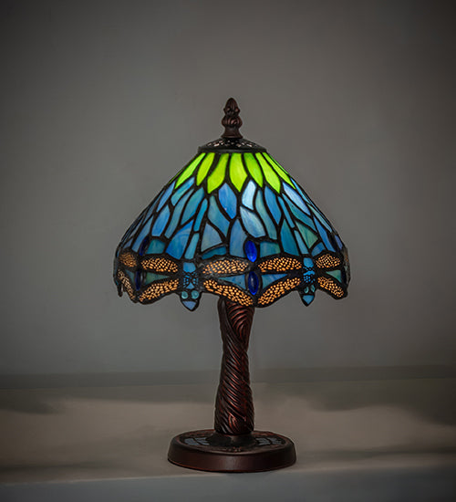 Meyda Lighting Tiffany Hanginghead Dragonfly 12" Mahogany Bronze Mini Table Lamp With Multi-Colored Shade Glass and Mosaic Base