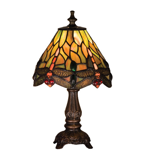 Meyda Lighting Tiffany Hanginghead Dragonfly 12" Mahogany Bronze Mini Table Lamp With Multi-Colored Shade Glass