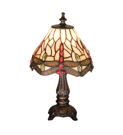 Meyda Lighting Tiffany Hanginghead Dragonfly 12" Mahogany Bronze Mini Table Lamp With Ruby & Beige Shade Glass