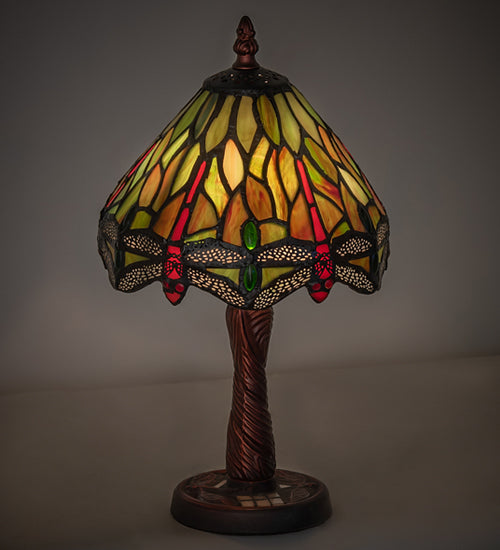 Meyda Lighting Tiffany Hanginghead Dragonfly 12" Mahogany Bronze Twisted Fly Mosaic Mini Table Lamp With Multi-Colored Shade Glass