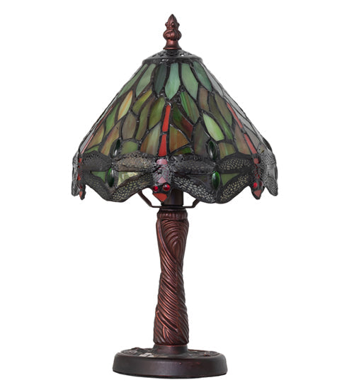 Meyda Lighting Tiffany Hanginghead Dragonfly 12" Mahogany Bronze Twisted Fly Mosaic Mini Table Lamp With Multi-Colored Shade Glass