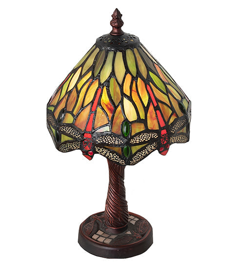 Meyda Lighting Tiffany Hanginghead Dragonfly 12" Mahogany Bronze Twisted Fly Mosaic Mini Table Lamp With Multi-Colored Shade Glass