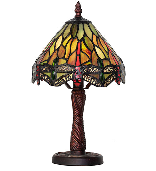 Meyda Lighting Tiffany Hanginghead Dragonfly 12" Mahogany Bronze Twisted Fly Mosaic Mini Table Lamp With Multi-Colored Shade Glass