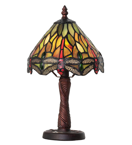 Meyda Lighting Tiffany Hanginghead Dragonfly 12" Mahogany Bronze Twisted Fly Mosaic Mini Table Lamp With Multi-Colored Shade Glass