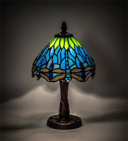 Meyda Lighting Tiffany Hanginghead Dragonfly 13" Mahogany Bronze Mini Table Lamp With Multi-Colored Shade Glass