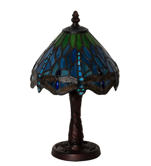 Meyda Lighting Tiffany Hanginghead Dragonfly 13" Mahogany Bronze Mini Table Lamp With Multi-Colored Shade Glass