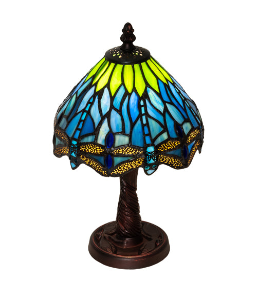 Meyda Lighting Tiffany Hanginghead Dragonfly 13" Mahogany Bronze Mini Table Lamp With Multi-Colored Shade Glass