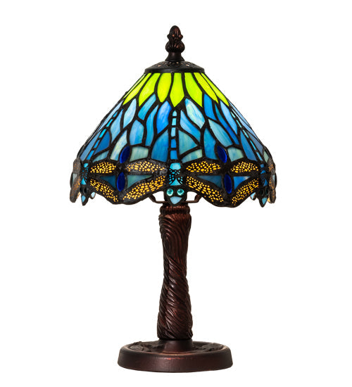 Meyda Lighting Tiffany Hanginghead Dragonfly 13" Mahogany Bronze Mini Table Lamp With Multi-Colored Shade Glass