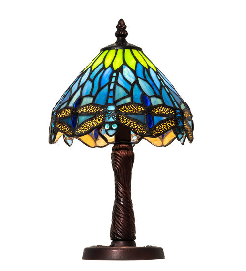 Meyda Lighting Tiffany Hanginghead Dragonfly 13" Mahogany Bronze Mini Table Lamp With Multi-Colored Shade Glass