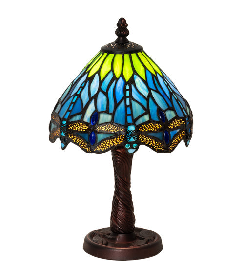 Meyda Lighting Tiffany Hanginghead Dragonfly 13" Mahogany Bronze Mini Table Lamp With Multi-Colored Shade Glass