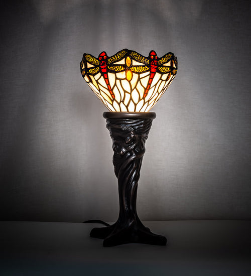 Meyda Lighting Tiffany Hanginghead Dragonfly 15" Mahogany Bronze Mini Table Lamp With Beige & Red Stained Shade Glass