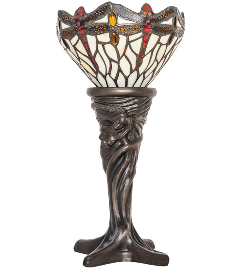 Meyda Lighting Tiffany Hanginghead Dragonfly 15" Mahogany Bronze Mini Table Lamp With Beige & Red Stained Shade Glass
