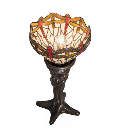 Meyda Lighting Tiffany Hanginghead Dragonfly 15" Mahogany Bronze Mini Table Lamp With Beige & Red Stained Shade Glass