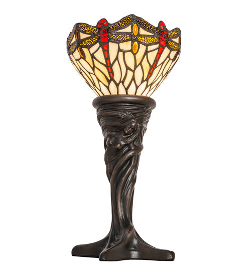 Meyda Lighting Tiffany Hanginghead Dragonfly 15" Mahogany Bronze Mini Table Lamp With Beige & Red Stained Shade Glass