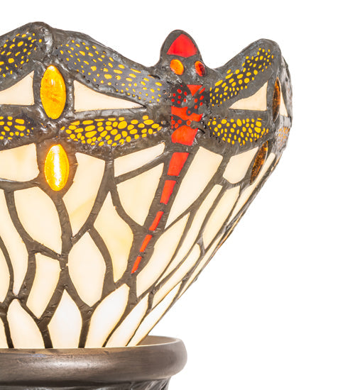 Meyda Lighting Tiffany Hanginghead Dragonfly 15" Mahogany Bronze Mini Table Lamp With Beige & Red Stained Shade Glass
