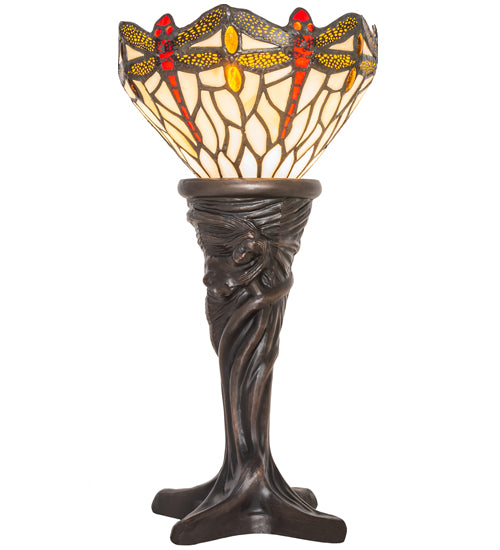 Meyda Lighting Tiffany Hanginghead Dragonfly 15" Mahogany Bronze Mini Table Lamp With Beige & Red Stained Shade Glass