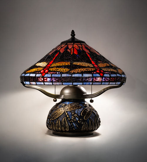 Meyda Lighting Tiffany Hanginghead Dragonfly 16" 2-Light Timeless Bronze Table Lamp With Multi-Colored Shade Glass