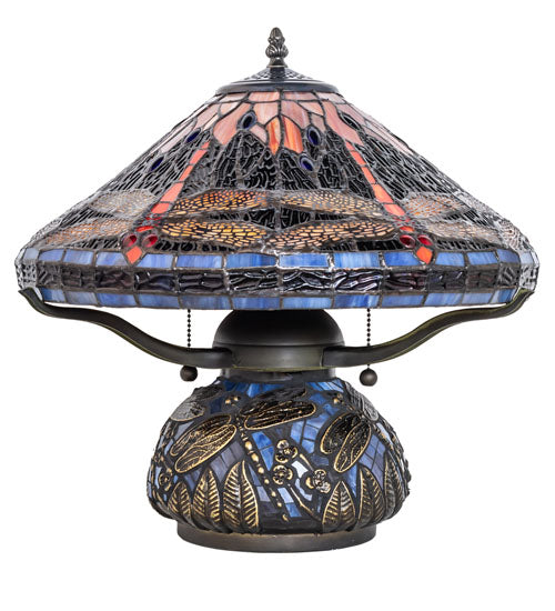 Meyda Lighting Tiffany Hanginghead Dragonfly 16" 2-Light Timeless Bronze Table Lamp With Multi-Colored Shade Glass
