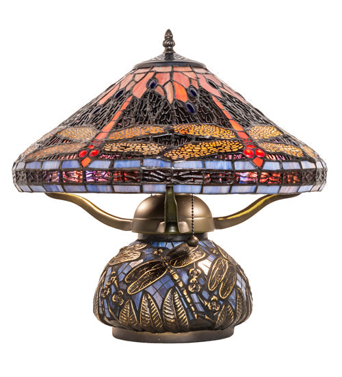 Meyda Lighting Tiffany Hanginghead Dragonfly 16" 2-Light Timeless Bronze Table Lamp With Multi-Colored Shade Glass