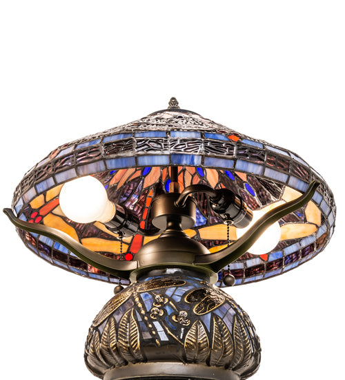Meyda Lighting Tiffany Hanginghead Dragonfly 16" 2-Light Timeless Bronze Table Lamp With Multi-Colored Shade Glass