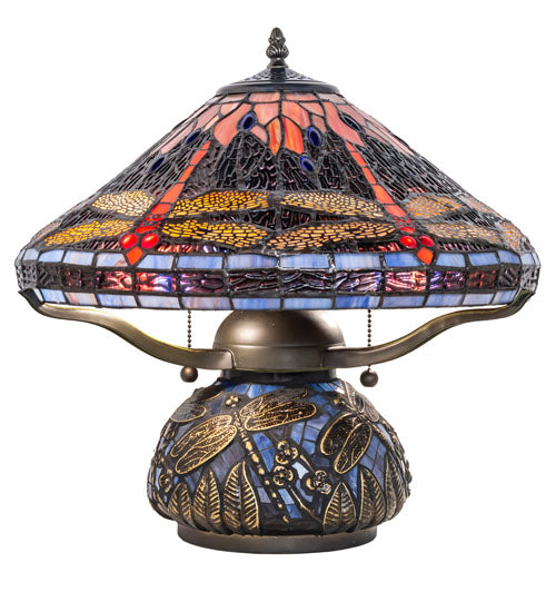 Meyda Lighting Tiffany Hanginghead Dragonfly 16" 2-Light Timeless Bronze Table Lamp With Multi-Colored Shade Glass