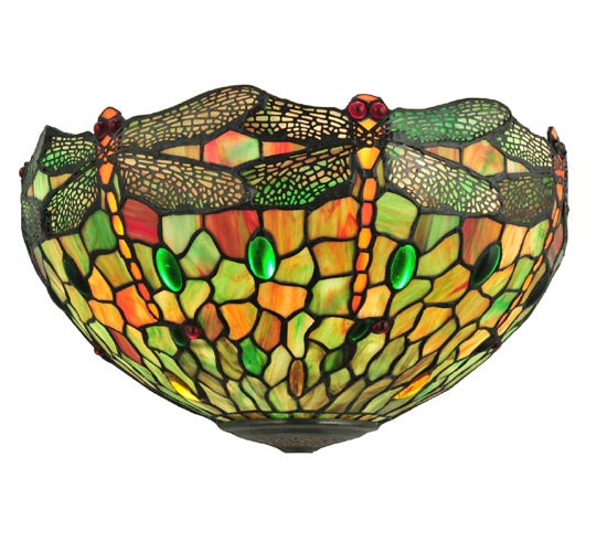 Meyda Lighting Tiffany Hanginghead Dragonfly 17" 2-Light Mahogany Bronze Wall Sconce With Multi-Colored Shade Glass