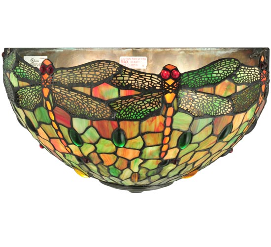 Meyda Lighting Tiffany Hanginghead Dragonfly 17" 2-Light Mahogany Bronze Wall Sconce With Multi-Colored Shade Glass