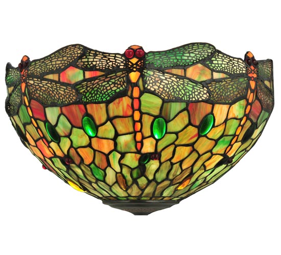 Meyda Lighting Tiffany Hanginghead Dragonfly 17" 2-Light Mahogany Bronze Wall Sconce With Multi-Colored Shade Glass