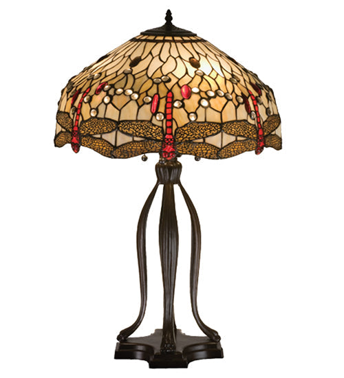 Meyda Lighting Tiffany Hanginghead Dragonfly 17500 31" 3-Light Mahogany Bronze Table Lamp With Multi-Colored Shade Glass
