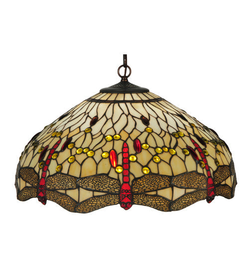 Meyda Lighting Tiffany Hanginghead Dragonfly 19006 22" 3-Light Mahogany Bronze Pendant Light With Multi-Colored Shade Glass