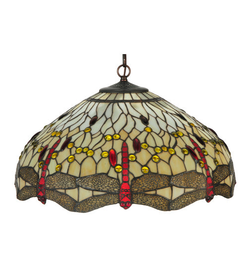 Meyda Lighting Tiffany Hanginghead Dragonfly 19006 22" 3-Light Mahogany Bronze Pendant Light With Multi-Colored Shade Glass