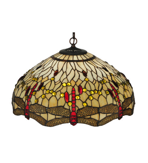 Meyda Lighting Tiffany Hanginghead Dragonfly 19006 22" 3-Light Mahogany Bronze Pendant Light With Multi-Colored Shade Glass
